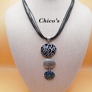 Chico's Blue Enamel Pendant Necklace, Leather Cords, 20 Inch